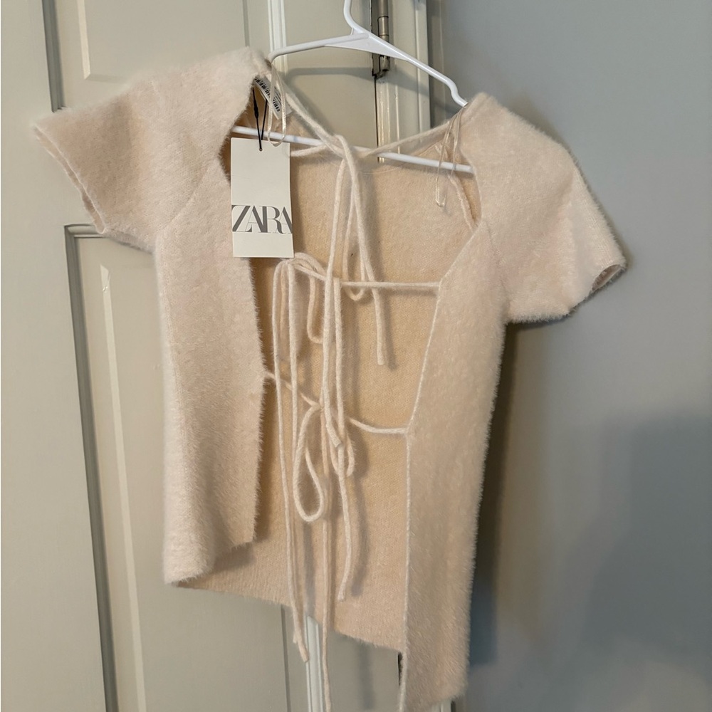 Zara Ivory Knit Top with Tie Detail